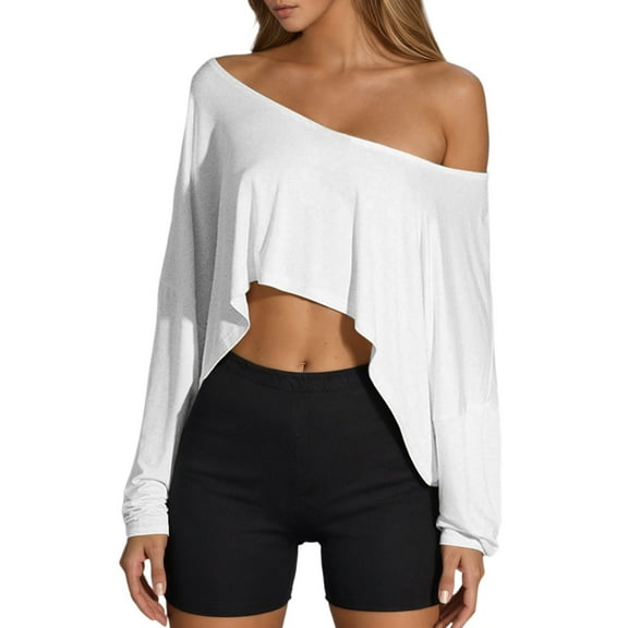 Telankuip Long Sleeve off the Shoulder Tops for Women Workout Loose Fit Soft Comfortable Boat Neck Cropper Tops Stylish and Simple Basic Thin Pullover T-Shirts White S