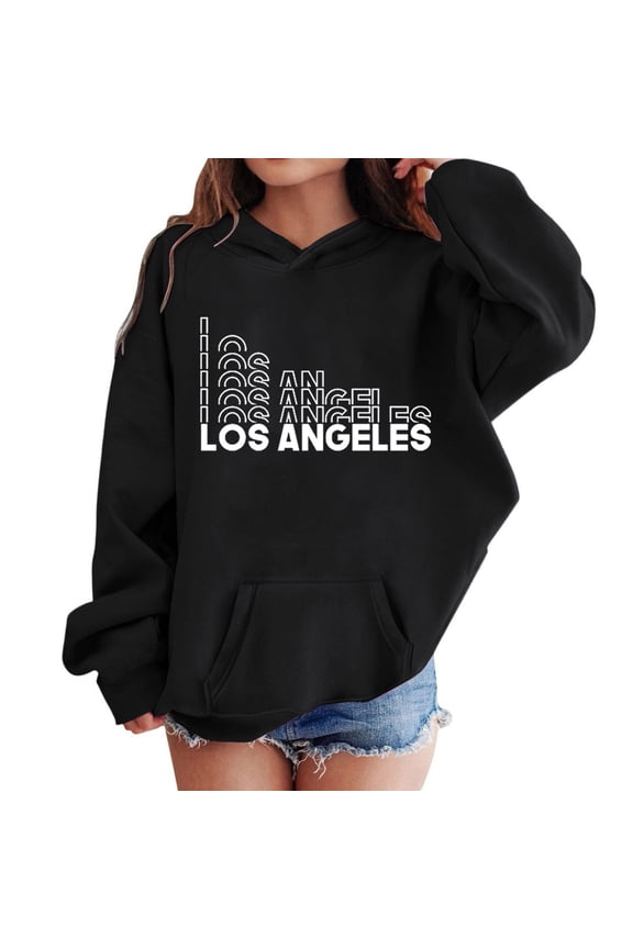 Los Angeles Hoodies for Teen Girls Trendy Y2K Cute Preppy Long Sleeve Letter Printed Sweatshirts Relaxed Fit Drop Shoulder Pullover Tops with Pocket Black 3-4 Years