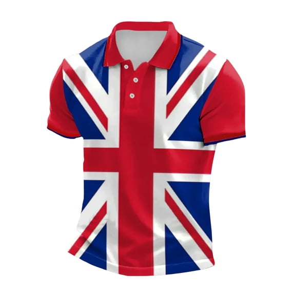 Telankuip Male UK Flag Full-Printed Casual Business Casual Polo Shirts 2026 Summer Fashion Short Sleeve Button Lapel Print Festive Celebration Top for Men Loose Cozy Outfit Red XXXXXXL
