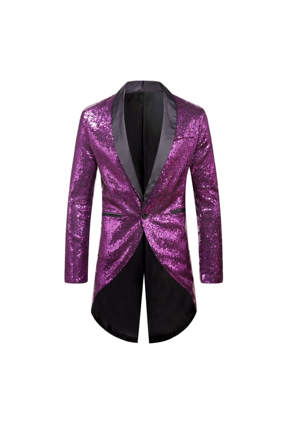 Mardi Gras Mens Sequin Suit Jacket Long Sleeve One Buttton Lapel Tails Slim Fit Tailcoat Dress Coat Swallowtail Dinner Wedding and Carnival Festival Party Blazers Purple S