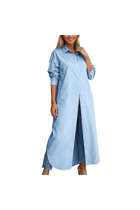 Maxi Blouses for Women Trendy Solid Color Baggy Long Sleeve Button down Shirts Lapel Collar Lightweight Comfort Breathable Versatile Ladies Tops Outerwear Sky Blue XXL
