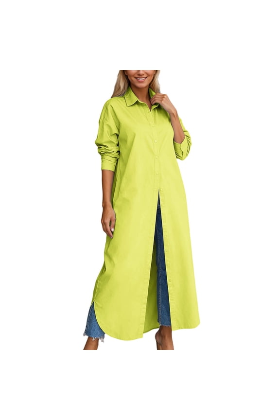 Maxi Blouses for Women Trendy Solid Color Baggy Long Sleeve Button down Shirts Lapel Collar Lightweight Comfort Breathable Versatile Ladies Tops Outerwear Yellow XXL