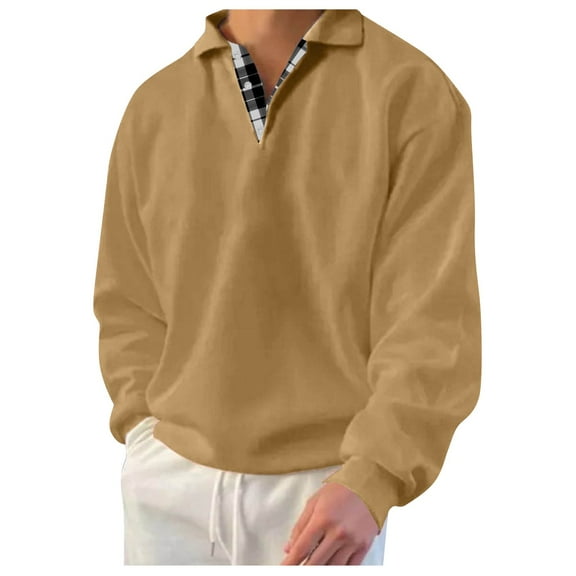 Telankuip Men's 1/4 Button up Pullovers Sweatshirt Long Sleeve Lapel Solid Color Polo Shirts Casual V-Neck Loose Fit Sweatshirts Soft Comfortable Lightweight Fall Winter Outfits Khaki L