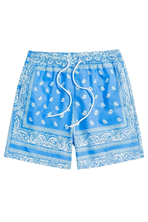 Men's Boho Paisley Shorts Tribal Print Drawstring Elastic Waist Summer Bandana Shorts with Pockets 2026 Summer Hawaii Vacation Fashion Bottoms 1-Sky Blue M