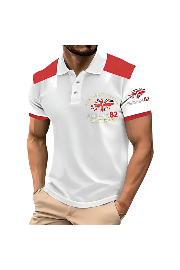Men's British Flag Print Short Sleeve Polo Shirts Classic Collar Casual Comfortable Fit Breathable Summer Top Loose Versatile Daily Wear White L