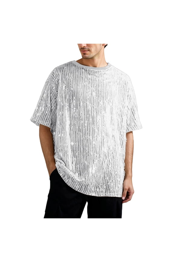 Men's Carnival Glitter T-Shirts Casual Round Neck Short Sleeve Rave Party Tee Shirt Relaxed Fit Lightweight Comfy Party Club Sparkly Disco Fashion Tops White M