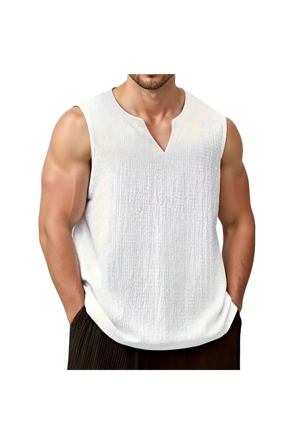 Men's Casual Tank Tops V-Neck Sleeveless Solid Color Simple T Shirts 2026 Summer Beach Vacation Lightweight Breathable Muscle Fit Casual Tees 0-White XXL