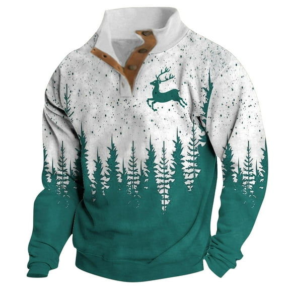Telankuip Men's Christmas Button up Pullover Sweatshirts Trendy Snowflake Reindeer Xmas Tree Graphic Print Sweatshirt Oversized Long Sleeve Stand Collar Holiday Tops Sky Blue XL
