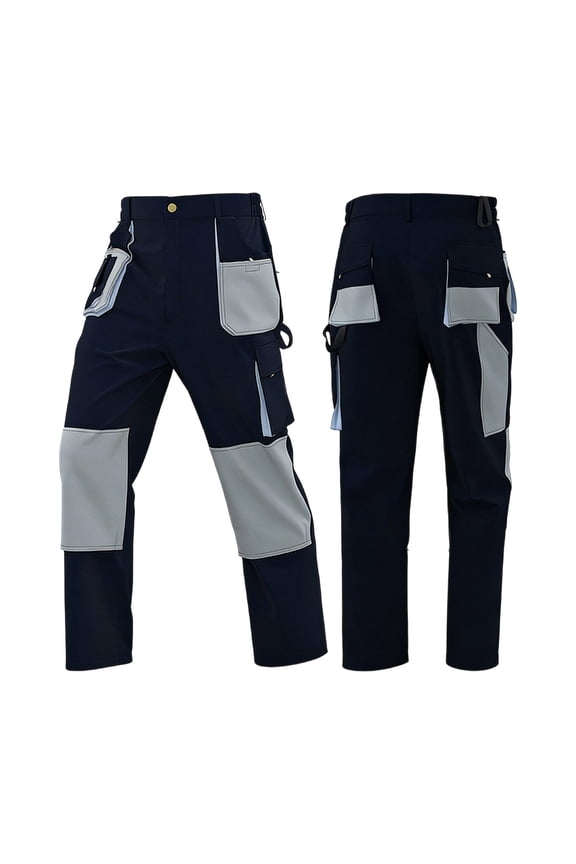 Men's Color-Block Cargo Pants Trendy Splicing Design Decorators Outdoor Work Pants with Multiple Pockets Straight Leg Stylish Durable Casual Trousers Dark Blue S
