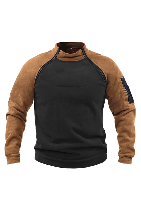 Men's Combat Tactical Shirt Long Sleeve Mockneck Side Zipper Warm Outdoor Work Pullover Tops Fashion Color-Block Loose Comfortable Big-Tall Airsoft Clothing Brown XXXL