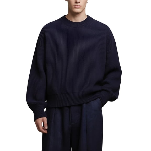 Telankuip Men‘s Crewneck Sweater Knitted Textured Casual Pullover for Winter Trendy Relaxed Fit Long Sleeve Drop Shoulder Korean Style Tops 2026 Solid Color Simple Comfy Sweatshirts Black L