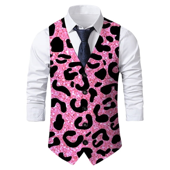Telankuip Men's Formal Leopard Suit Vests Fit for Business or Casual Dress Slim Fit V-Neck Vest Tops Carnival Festival Glitter Sequin Printed Single Waistcoat Pink 2XL