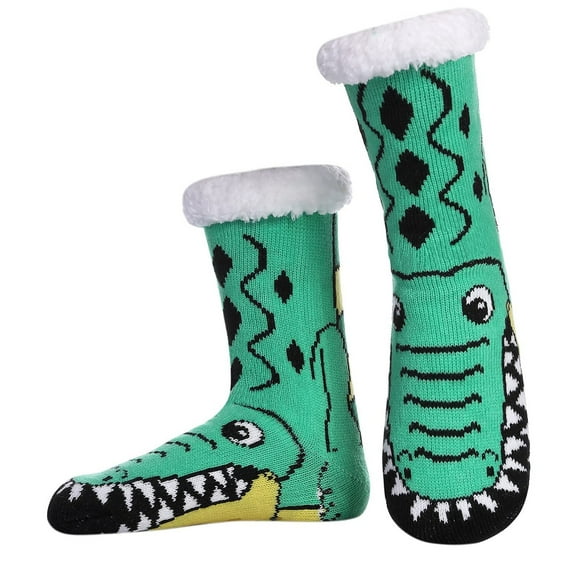 Telankuip Men's Fuzzy Slipper Socks Cute Crocodile Graphic Soft Cozy Fluffy Grips Socks Winter Warm Non Christmas Mid-Calf Casual Socks for Christmas Gifts Green One Size
