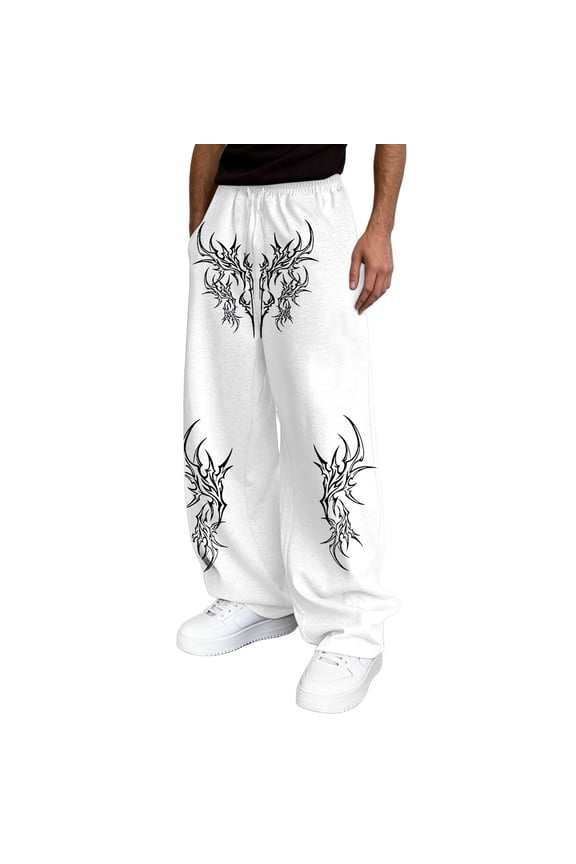 Men's Gothic Graphic Print Sweatpants Trendy Drawstring Waist Baggy Sweat Pants Loose Straight Leg Soft Comfort Street Style Trousers with Pockets 2-White XL