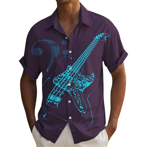 Telankuip Men's Guitar Pattern Short Sleeve Shirts Lapel Button down Music Festival Print Shirt Summer Tropical Stylish Beach Vacation Casual Top for Loose Comfy Light Purple XXXXL