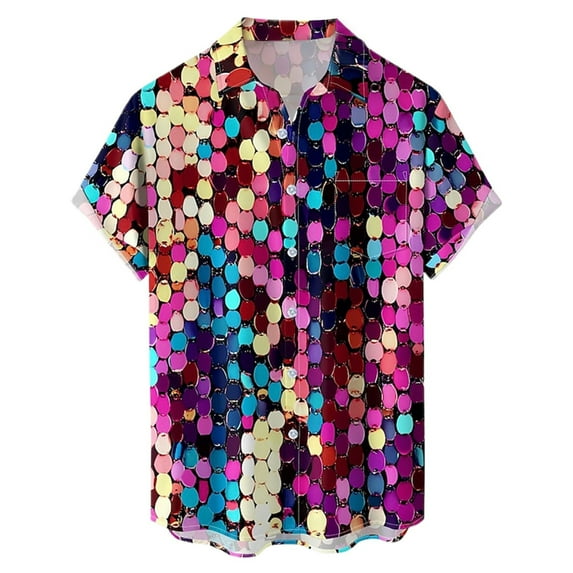 Telankuip Men's Happy Mardi Gras Short Sleeve Dress Shirts Funny Colorful Sequin/Mask Print Button down Lightweight Comfy Casual Top Shirt for Nightclub Carnival Holiday Party 1-Purple L