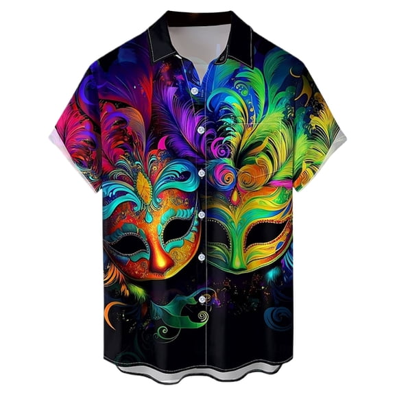 Telankuip Men's Happy Mardi Gras Short Sleeve Dress Shirts Funny Colorful Sequin/Mask Print Button down Lightweight Comfy Casual Top Shirt for Nightclub Carnival Holiday Party 3-Purple M