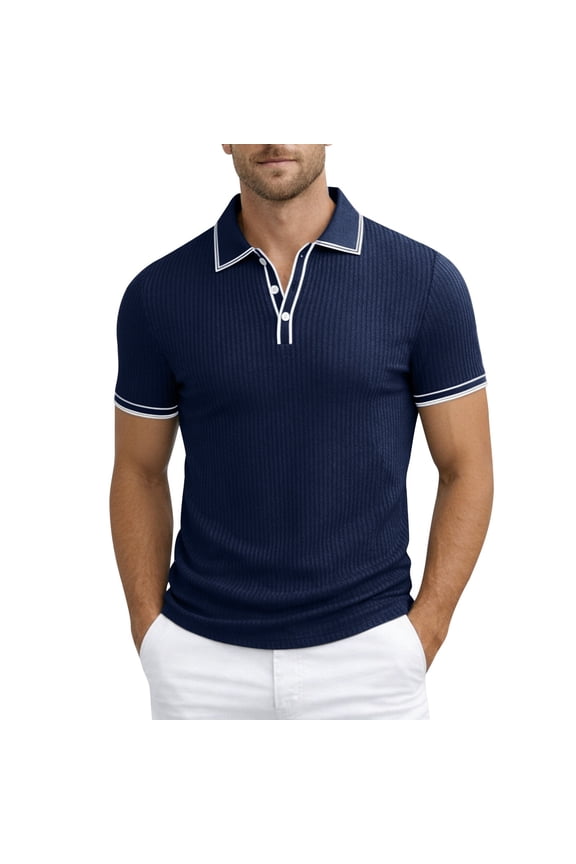 Men's Knit Polo Shirts 2026 Summer Short Sleeve Quarter Zipper Polo Sweater Ribbing Pure Color Stretch Slim Fit Soft Comfortable Business Casual Pullover Tops 2-Navy XL