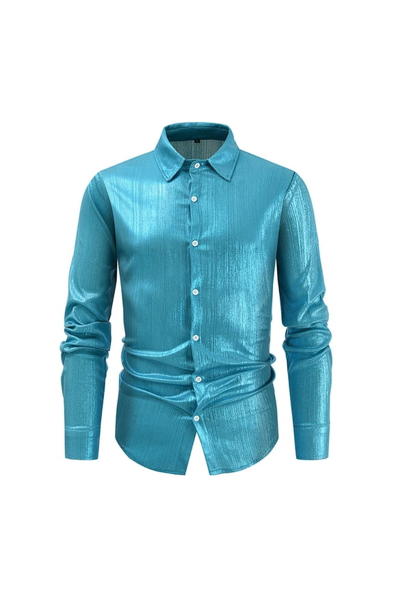 Men's Long Sleeve Metallic Shiny Button down Dress Shirts Solid Color Slim Fit Soft Comfortable Ribbing Print Festival Tops for Wedding Carnival Party Clubwear Blue M
