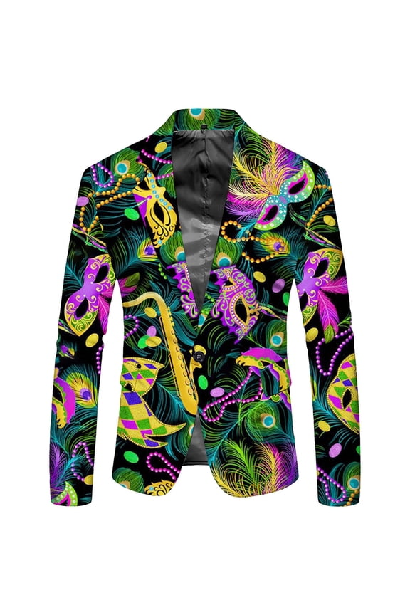 Men's Mardi Gras Colorful Print Suit Jacket Fashion One Button Slim Fit Long Sleeve Coat Casual Lightweight Comfy Blazers for Carnival Holiday Party Events 2026 5-Green XXL