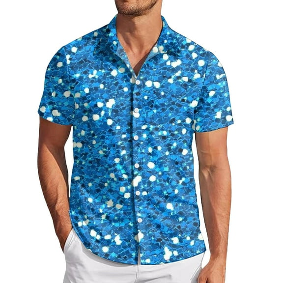 Telankuip Men's Mardi Gras Sequin Printed Shirts Short Sleeve Lapel Button down Sparkly 70s Disco Outfits Casual Thin Comfy Shiny Wedding Carnival Party Clubwear Tops Blue L