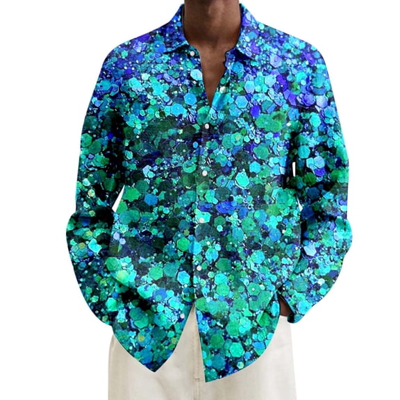 Telankuip Men's Plus Size Fashion Mardi Gras Festival Digital Print Long Sleeve Collared Shirts Plus Size Loose Fit Button down Hawaiian Tops for Carnival Party and Beach Holiday 6-Mint Green XXL