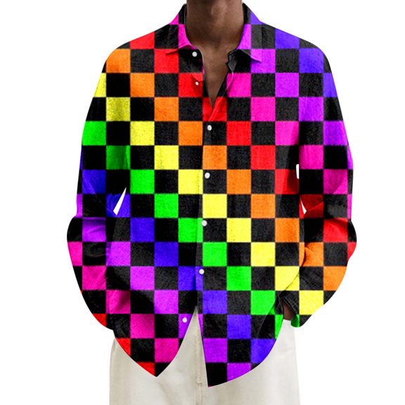 Telankuip Men's Plus Size Fashion Mardi Gras Festival Digital Print Long Sleeve Collared Shirts Plus Size Loose Fit Button down Hawaiian Tops for Carnival Party and Beach Holiday 2-Multicolour M