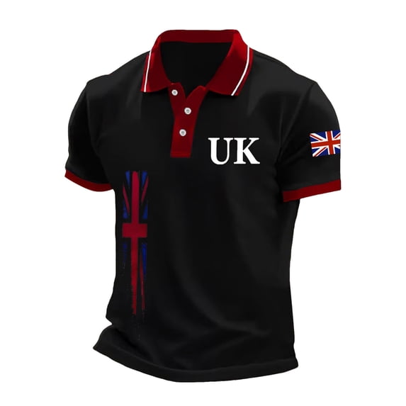 Telankuip Men's Polo Shirts British Flag Collar Casual Short-Sleeve Polo Shirts Stylish Letter and Graphic Printed Tee Tops Summer Color Block Lightweight Comfy Daily Wear 3-Black XL