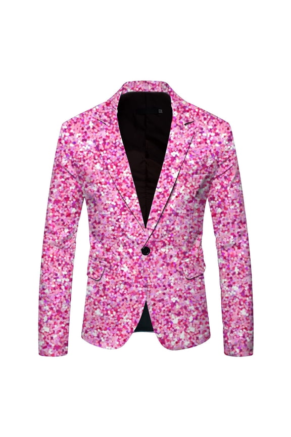 Men's Shiny Sequins Prints Blazers Lapel Slim Fitting One Buttton Suit Jacket Stylish Tuxedo for Disco Ball or Carnival Holiday Party Male Long Sleeve Outwear 4-Pink S