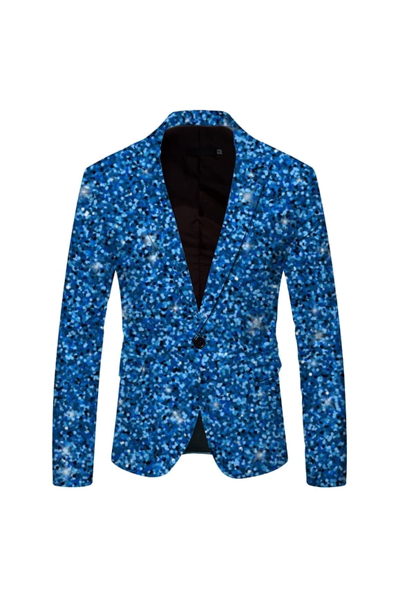 Men's Shiny Sequins Prints Blazers Lapel Slim Fitting One Buttton Suit Jacket Stylish Tuxedo for Disco Ball or Carnival Holiday Party Male Long Sleeve Outwear 1-Blue M