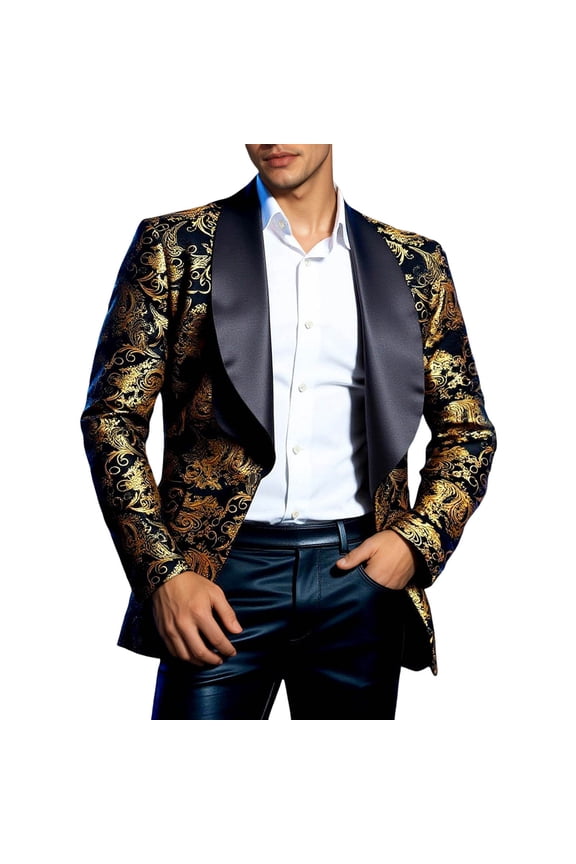 Men's Slim Fit Suit Jacket with Gold Foil Print Button for Casual Party Wedding Daily Wear Spring Autumn Winter Long Sleeve 2026 Fashion Carnival Formal Blazers Gold S