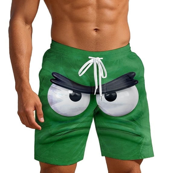 Telankuip Men's Spring and Summer Funny Expression Printing Beach Shorts Drawstring Elastic Waiste Swim Trunks Loose Breathable Quick Dry Comfy Five Point Board Shorts 1-Green XXXXL