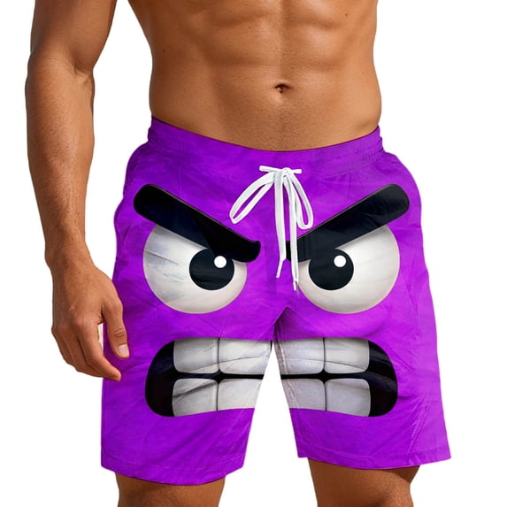 Telankuip Men's Spring and Summer Funny Expression Printing Beach Shorts Drawstring Elastic Waiste Swim Trunks Loose Breathable Quick Dry Comfy Five Point Board Shorts 2-Purple L