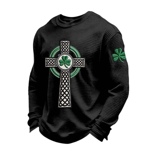Telankuip Men's St. Patrick's Day Printed Waffle T-Shirts Long Sleeve Crewneck Casual Pullover Tops Oversized Soft Comfortable Loose Trendy Graphic Holiday Winter Tshirt 2-Black XL