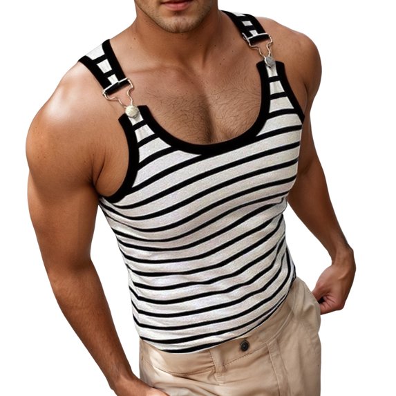 Telankuip Men's Summer Casual Striped Ribbed Tank Tops Trendy Shoulder Buckle Scoop Neck Muscle Tee Gym Fitness Bodybuilding Sleeveless T Shirt 0-Black M