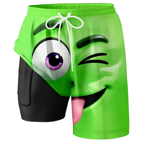 Telankuip Men's Swim Trunks with Compression Liner Funny Face Printing Elastic Drawstring Waist Beach Shorts for Swim Pool Surfing Wear Convenient Lined Pocket Casual Board Shorts 5-Green M