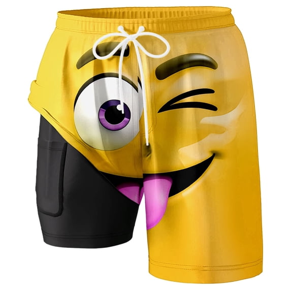 Telankuip Men's Swim Trunks with Compression Liner Funny Face Printing Elastic Drawstring Waist Beach Shorts for Swim Pool Surfing Wear Convenient Lined Pocket Casual Board Shorts 5-Yellow XL