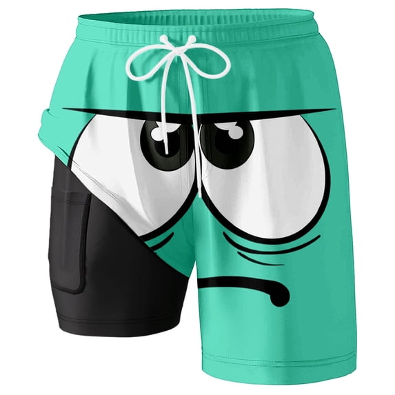 Telankuip Men's Swim Trunks with Compression Liner Funny Face Printing Elastic Drawstring Waist Beach Shorts for Swim Pool Surfing Wear Convenient Lined Pocket Casual Board Shorts 2-Light Green L