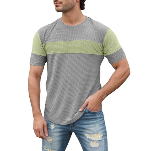 Telankuip Men's T-Shirts Short Sleeve Crew Neck Casual Tops Fashion Stripes Design Spring and Summer Soft Lightweight Comfortable Waffle Tees for Daily Wear Light Gray S