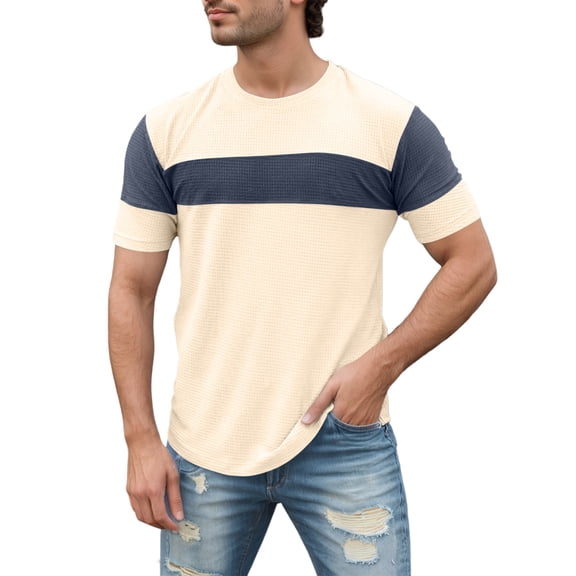 Telankuip Men's T-Shirts Short Sleeve Crew Neck Casual Tops Fashion Stripes Design Spring and Summer Soft Lightweight Comfortable Waffle Tees for Daily Wear Khaki S