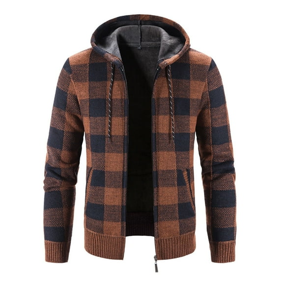 Telankuip Men's Zip up Plaid Hoodies Casual Long Sleeve Full Zipper Sherpa Lined Knit Cardigan Sweater Jacket with Pockets Winter Warm Cozy Outwear with Pockets Brown XXL