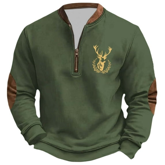 Telankuip Mens 1/4 Zip Christmas Sweatshirts Vintage Stag Design Stand Collar Fleece Pullover Tops Trendy Printed Loose Long Sleeve Merry Christmas Hoodless Sweatshirt Dark Green XXXL