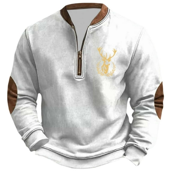 Telankuip Mens 1/4 Zip Christmas Sweatshirts Vintage Stag Design Stand Collar Pullover Tops Trendy Printed Loose Long Sleeve Merry Christmas Hoodless Sweatshirt White XL