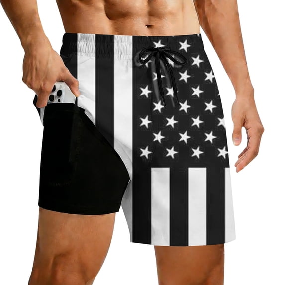 Telankuip Mens American Flag Print Swim Trunks with Compression Liner Summer Casual Hawaiian Holiday Style Beach Surfing Shorts Lined Pocket Elastic Drawstring Waist Board Shorts 1-Black S