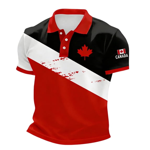 Telankuip Mens Canadian Flag Polo Shirts Short Sleeve Quarter Button up Red Maple Leaf Graphic Tees Casual Style Thin Soft Breathable Sports and Leisure Patriotic Pullover Top 10-Red XXXL