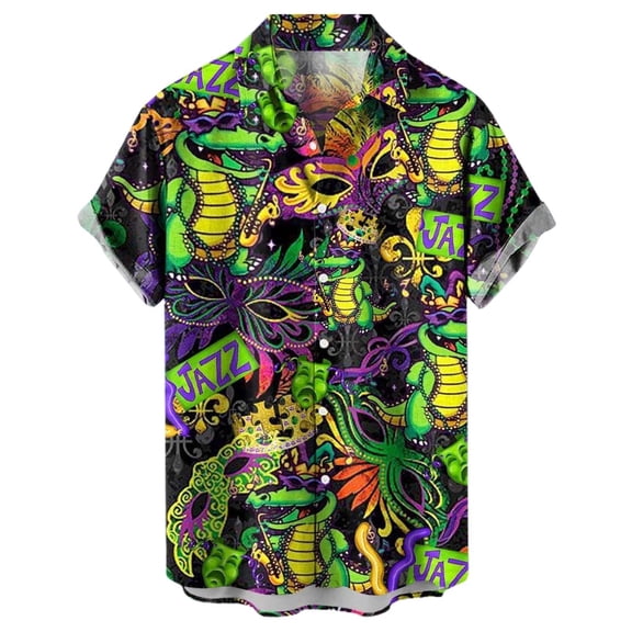 Telankuip Mens Carnival Hawaiian Short Sleeve Shirts Button down Funny Graphic All-Over Print Casual Beach Shirt Lightweight Comfortable Fashion Mardi Gras Festival Outfits 7-Green S