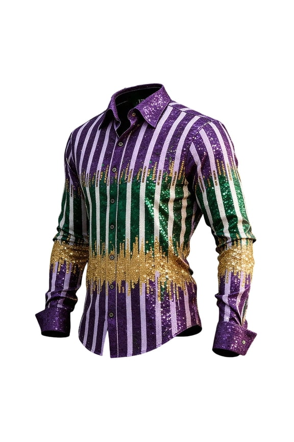 Mens Carnival Party Shirts Sequin Print Long Sleeve Button down Trendy Shirts for Mardi Gras Holiday Festive Celebration Casual Muscle Fit Lightweight Comfy Tops 5-Dark Purple S
