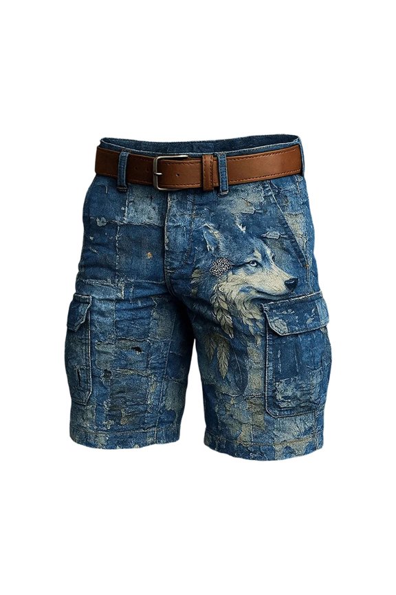 Mens Casual Cargo Shorts Vintage Western Style Printing Cowboy Clothing Spring Summer Trendy Straight Leg Comfortable and Leisure Short Pants 6-Blue S
