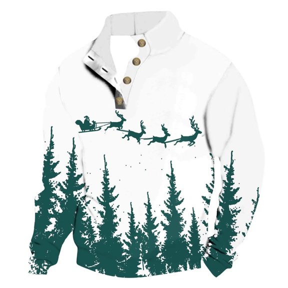 Telankuip Mens Casual Christmas Sweatshirts Stand Collar Quarter Button up Polo Pullovers Trendy Retro Reindeer Xmas Trees Print Long Sleeve Winter Warm Hoodless Tops Dark Green XL