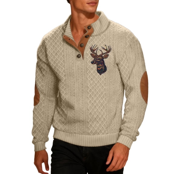 Telankuip Mens Casual Cozy Sweatshirts Christmas Reindeer Print Stand Collar 1/4 Button up Pullover Tops Long Sleeve Loose 2025 Fall Winter Business Casual Clothes Khaki2 S
